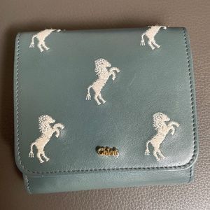 Chloé Signature Square Wallet with Horses Cloudy Blue Calfskin